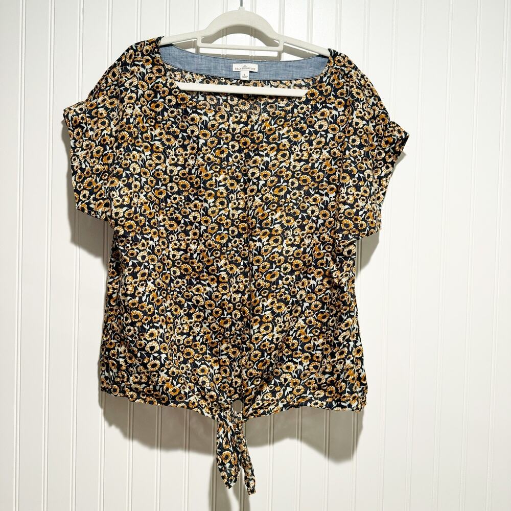 LL Bean Linen Tie Front Top Sunflower Print Size Large